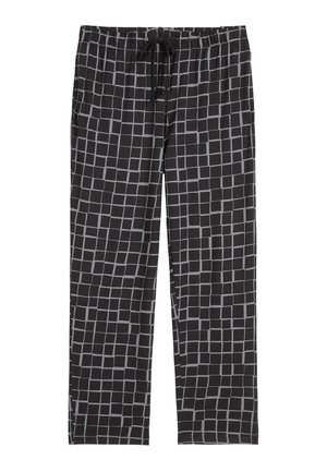 Pantalones de pijama negros con un patrón a cuadros gris, cintura elástica con cordón ajustable y diseño de piernas rectas.
