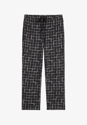 Pantalones de pijama negros con un patrón a cuadros gris, cintura elástica con cordón ajustable y diseño de piernas rectas.