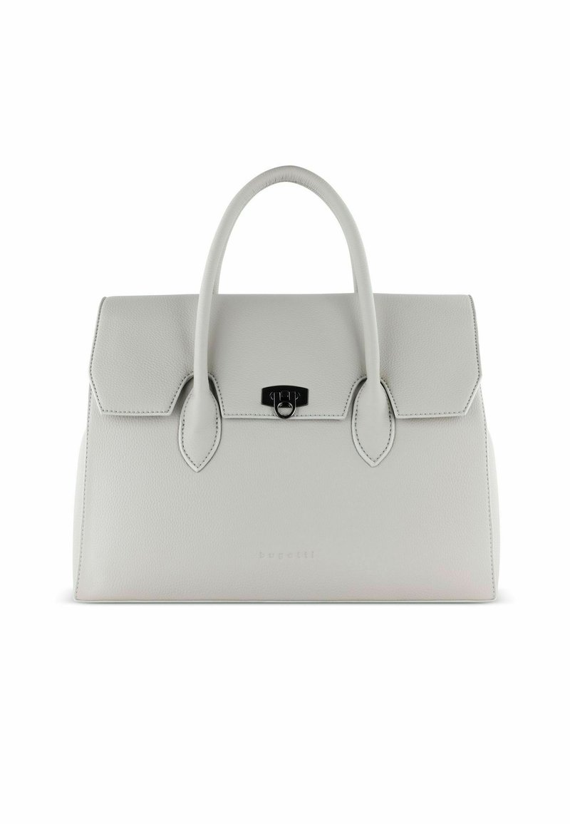 Sac structuré en cuir gris clair, doté d'une poignée supérieure, d'une fermeture à rabat, de quincaillerie noire et d'un logo en relief discret sur le devant.