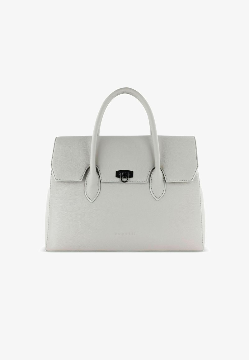Sac structuré en cuir gris clair, doté d'une poignée supérieure, d'une fermeture à rabat, de quincaillerie noire et d'un logo en relief discret sur le devant.