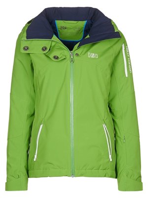 Veste Helly Hansen vert vif avec fermeture éclair frontale, deux poches latérales zippées, col à rabat avec boutons-pression, et doublure intérieure bleu foncé.