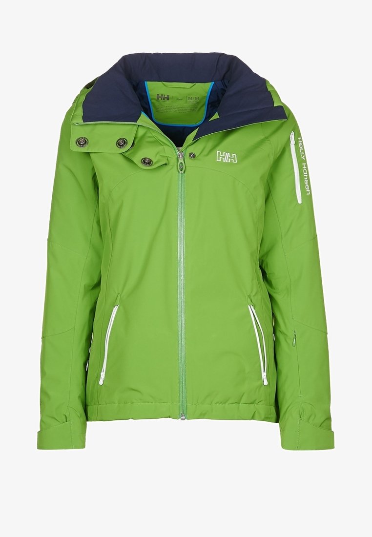 Veste Helly Hansen vert vif avec fermeture éclair frontale, deux poches latérales zippées, col à rabat avec boutons-pression, et doublure intérieure bleu foncé.