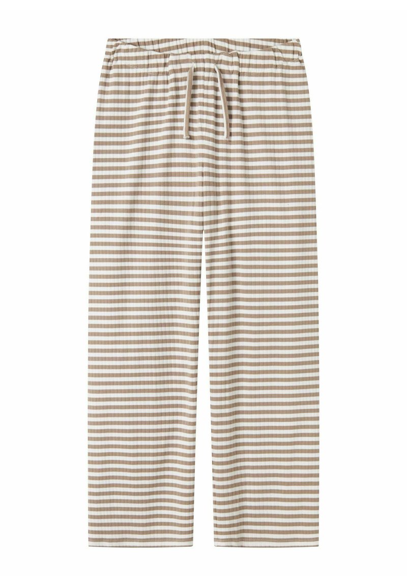 Pantalone za spavanje s prugama u bež i krem boji, s elastičnim pojasom i vezicom, opuštenog kroja i meke teksture tkanine.