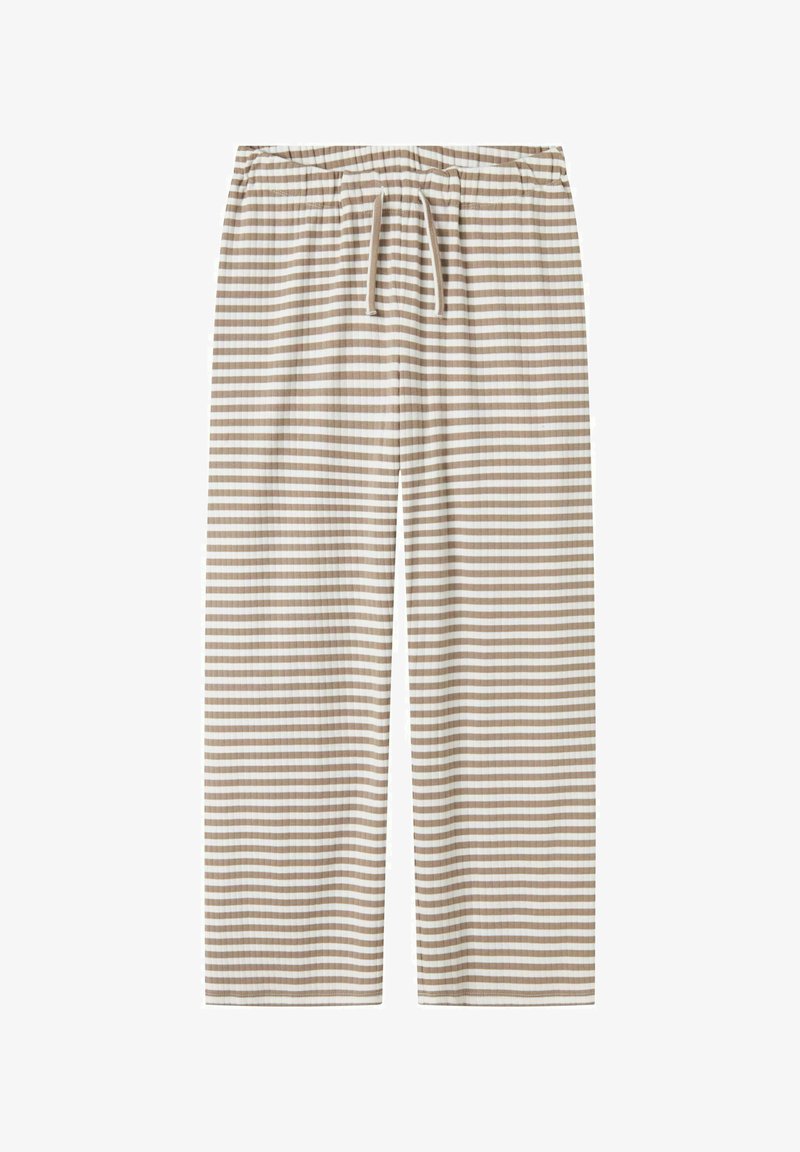 Pantalone za spavanje s prugama u bež i krem boji, s elastičnim pojasom i vezicom, opuštenog kroja i meke teksture tkanine.