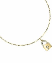 Collana in oro con pendente a forma di lucchetto decorato con un design a stella, accentuato da chiari gemme scintillanti per un tocco di dettaglio.