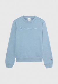 Felpa azzurra chiara in cotone, con logo "Champion" ricamato in bianco, polsini e orlo a coste.