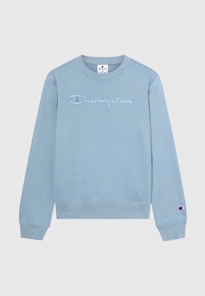 Lichtblauwe sweatshirt van katoen, met een in witte borduursel geschreven "Champion" logo, ribgebreide manchetten en zoom.