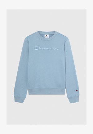 Jasnoniebieska bluza z bawełny z haftowanym na biało napisem "Champion", z ryflowanymi mankietami i dołem.