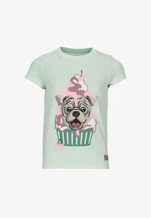 T-shirt en coton vert menthe avec un chien de dessin animé dans un cupcake garni de glaçage rose. Manches courtes et décolleté rond.