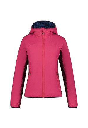 Pink jacket with a hood, featuring a zippered front, side pockets, and navy lining; made of lightweight, smooth fabric with a soft texture.