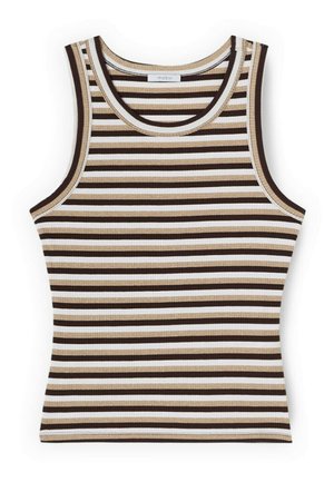 Ærmeløs ribstrikket tanktop med horisontale striber i brun, beige og hvid, med rund halsudskæring og tætsiddende pasform.