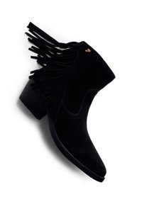 Must musta ankle boot, millel kaunistatud frantsiisidega, kogutud kontsaga ja sileda ümaraga varbaga. Küljes on diskreetne logo. 