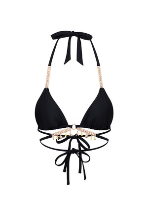 Schwarzes Bikini-Oberteil mit dreieckigen Cups, verziert mit goldenen Kettenakzenten und dekorativen Perlen. Bindet am Hals und am Rücken, aus weichem Material.