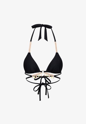 Schwarzes Bikini-Oberteil mit dreieckigen Cups, verziert mit goldenen Kettenakzenten und dekorativen Perlen. Bindet am Hals und am Rücken, aus weichem Material.