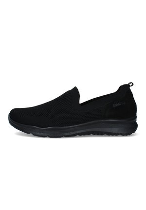 Scarpa da ginnastica slip-on nera con tomaia in maglia traspirante, suola ammortizzata e linguetta sul tallone, progettata per comfort informale e facile calzata.