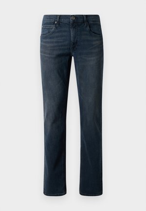 Dunkelblaue Jeans mit geradem Schnitt, ausgestattet mit einem genähten Bund, fünf Taschen und einem einzelnen Metallknopfverschluss.