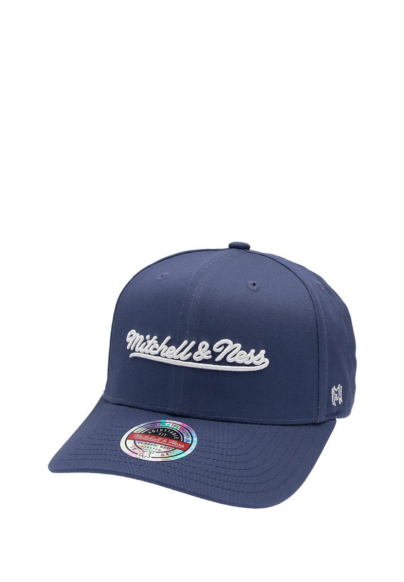 Navy blue Mitchell & Ness adjustable baseball cap with white embroidered logo and holographic sticker on the brim.