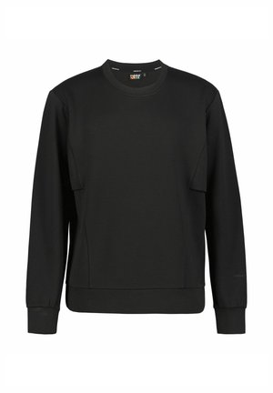 Felpa nera in tessuto morbido, con scollo rotondo, maniche lunghe e vestibilità leggermente ampia, con polsini e orlo a costine.