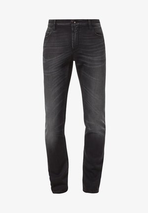 Jean en denim noir avec une coupe droite, présentant une légère décoloration, cinq poches, et une fermeture à bouton unique avec fermeture éclair.