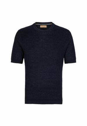 Maglione a maniche corte blu navy con texture a coste, scollatura rotonda e design aderente. Realizzato in un tessuto morbido per garantire comfort.