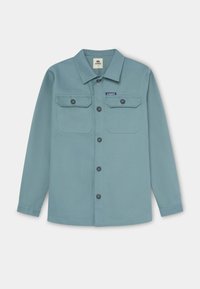 Camisa azul claro abotonada, con dos bolsillos en el pecho con solapas, cuello redondo, mangas largas y dobladillo redondeado. Hecha de tela texturizada.