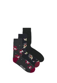 Drie paar sokken: één grijs met Santa-patronen, één marineblauw met doodskopontwerpen en één zwart. Geribbelde manchetten, katoenmateriaal, casual pasvorm.