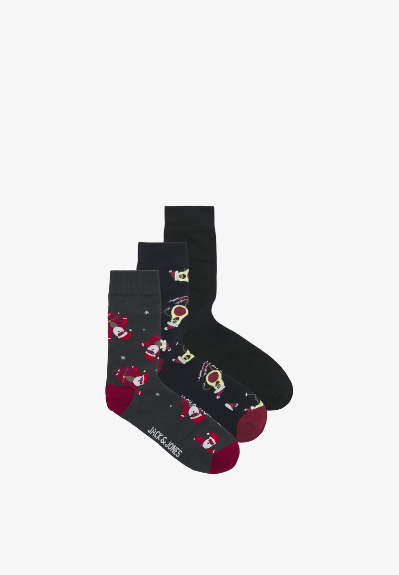 Drie paar sokken: één grijs met Santa-patronen, één marineblauw met doodskopontwerpen en één zwart. Geribbelde manchetten, katoenmateriaal, casual pasvorm.