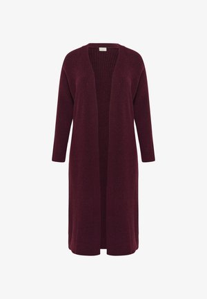 Burgundy stickad cardigan med långa ärmar, öppen front och ribbad textur. Faller till mitt på vaden, har en avslappnad silhuett och inga knäppningar.