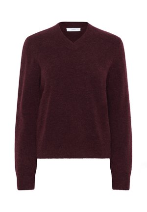 Burgundin, V-kauluksellinen neulepusero, joka on valmistettu pehmeästä neuloskankaasta, jossa on pitkät hihat ja resorihihansuut. Puserolla on rento istuvuus ja sileä pinta.