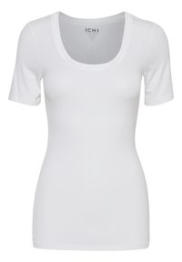 T-shirt femme blanc ajusté à manches courtes avec un col rond et une petite étiquette de marque « ICHI » à l'intérieur du col.