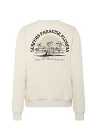 Sudadera de color beige claro con un estampado gráfico que presenta palmeras y un velero. Puños y dobladillo acanalados, corte casual, textura suave.