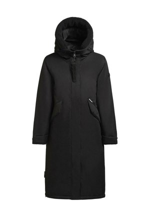 Parka negra con capucha forrada de pelo, bolsillos laterales y cierre de cremallera. Cuenta con mangas largas y una silueta recta.