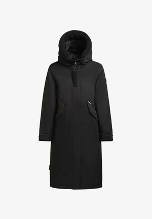 Černý parkový kabát s huňatou podšívkou na kapuci, bočními kapsami a zipem. Má dlouhé rukávy a rovný siluetu.