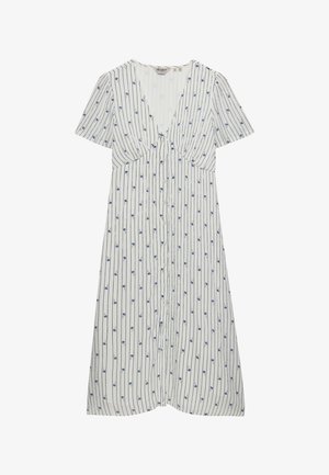 Vestido midi blanco de manga corta con rayas negras verticales y pequeño estampado floral azul, con escote en V profundo y cierre frontal con botones.