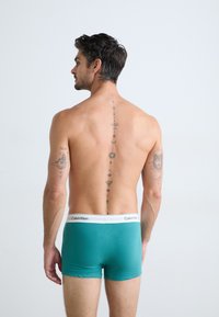 Teal boxershorts med en hvid talje, der har "Calvin Klein" logoet. Udsat ryg, der fremhæver et lodret tatovedesign.