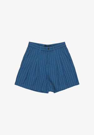 Shorts bleu à carreaux avec passants de ceinture, fermeture par bouton et plis à l'avant, posés à plat sur un fond blanc.