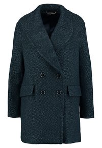 Abrigo de mezcla de lana en verde azulado oscuro con un patrón texturizado, solapas anchas, botones de doble botonadura y dos bolsillos frontales.