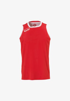 Red athletic sleeveless tank top with a mesh texture, white accents, and a printed logo on the front. Lightweight and breathable design.
