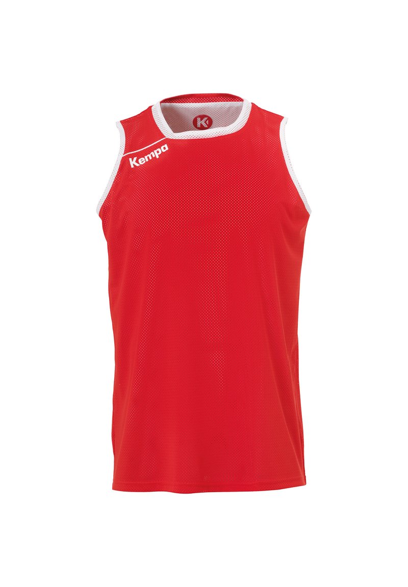 Top sportivo senza maniche rosso con una texture in rete, dettagli bianchi e un logo stampato sul davanti. Design leggero e traspirante.