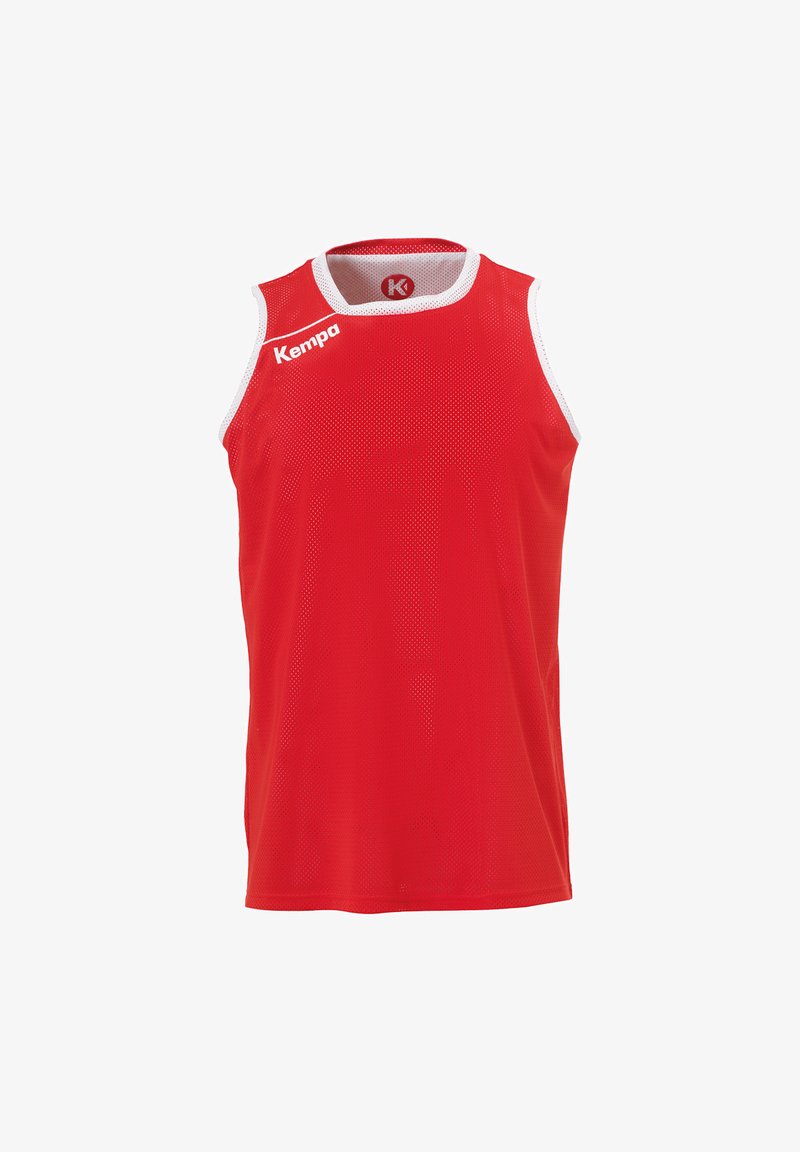 Top sportivo senza maniche rosso con una texture in rete, dettagli bianchi e un logo stampato sul davanti. Design leggero e traspirante.