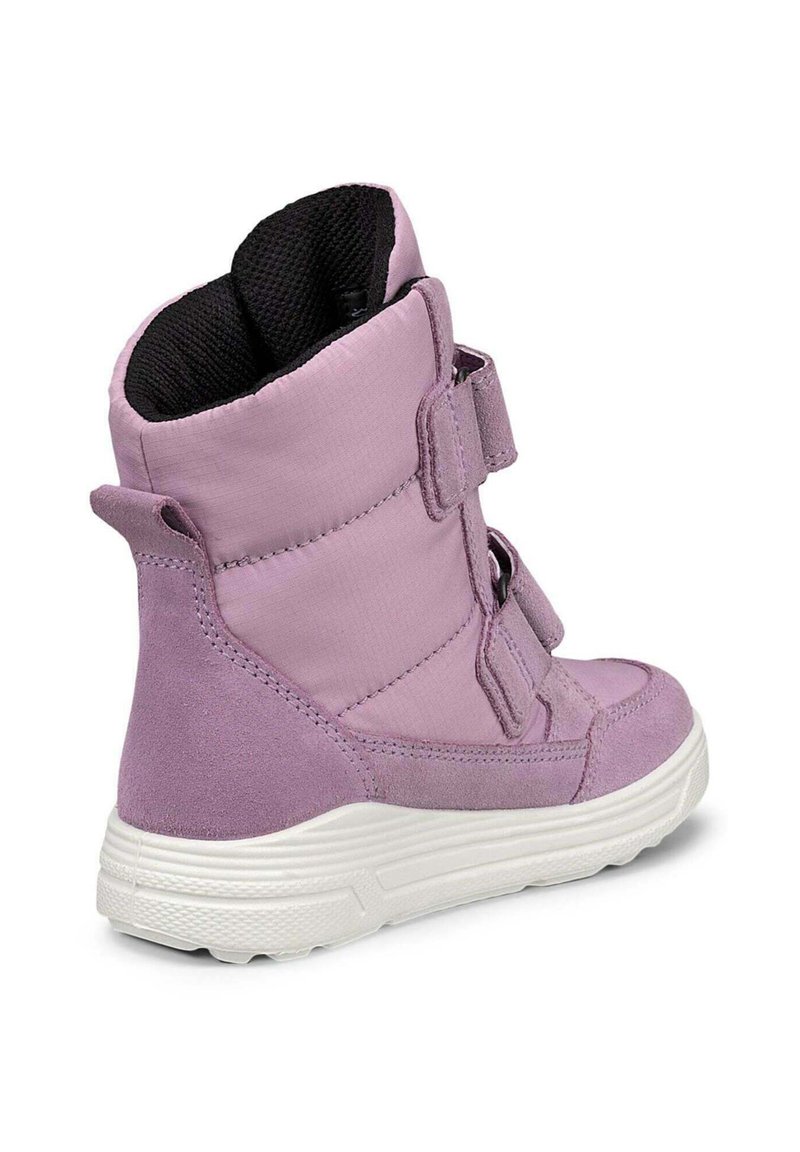 Lila High-Top Sneaker mit einem glatten, synthetischen Obermaterial, Klettverschlüssen, gepolstertem Schaft und weißer Gummisohle. Leichtgewichtig mit einer strukturierten Oberfläche.