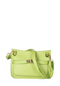Borsa a tracolla verde in pelle con finitura texture, forma rettangolare, hardware dorato e tracolla removibile. Presenta una tasca frontale.