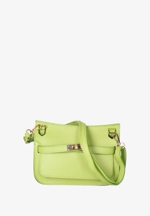 Groene leren schoudertas met een gestructureerde afwerking, rechthoekige vorm, gouden hardware en een afneembare schouderband. Voorzien van een voorvak.