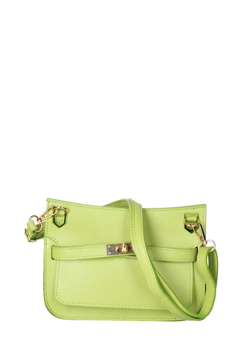 Borsa a tracolla verde in pelle con finitura texture, forma rettangolare, hardware dorato e tracolla removibile. Presenta una tasca frontale.