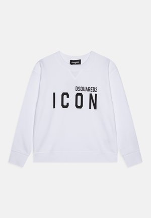 Felpa bianca con collo a giro, caratterizzata da una stampa nera "ICON" in lettere grasse e dal logo "DSQUARED2" sopra. Texture di cotone liscia.
