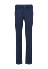 Navy blue trousers made from cotton blend fabric with a smooth texture. Features front pockets, belt loops, and a button closure.