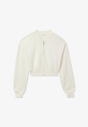 Felpa cropped in crema, realizzata in tessuto morbido, con chiusura a zip, polsini a costine e orlo a fascia. Presenta un collo rotondo.