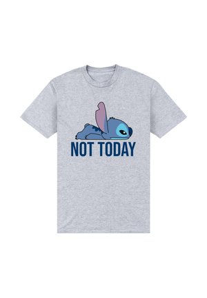 Jasnoszara koszulka z niebieskim rysunkowym stworem leżącym nad pogrubionym napisem "NOT TODAY."