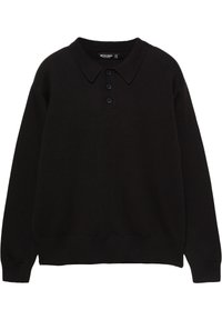 Pulover negru din material moale, cu guler în stil polo, închidere cu nasturi și manșete și tiv ribbed.