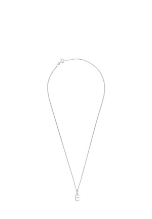 Delicate silver chain necklace with small letter E pendant and spring ring clasp on a white background.